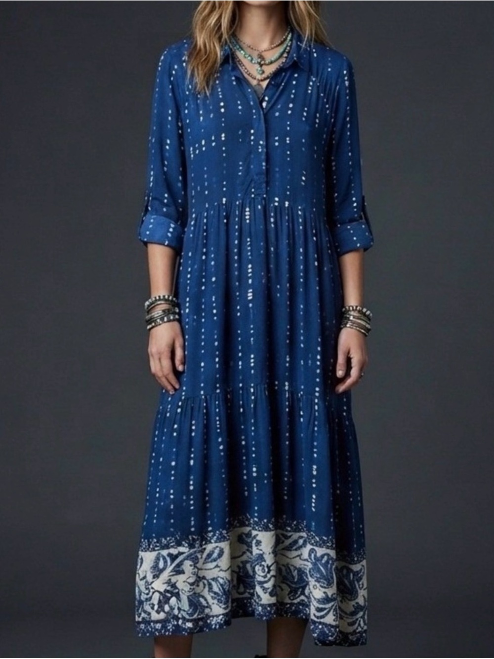 NATURAL LIFE • Collette Tiered Maxi Dress in a blue boho floral border Small